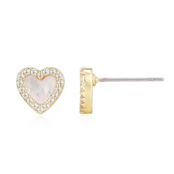 Adornia 14k Gold Plated Mother-Of-Pearl Mini Halo Cubic Zirconia Heart Stud Earrings