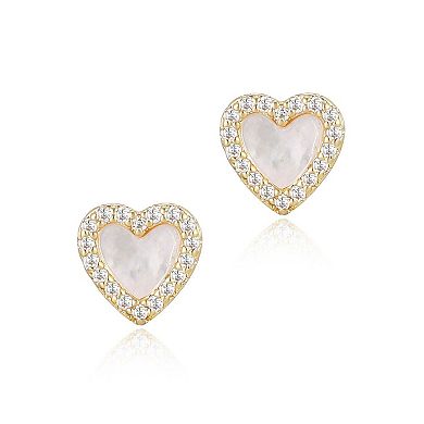 Adornia 14k Gold Plated Mother-Of-Pearl Mini Halo Cubic Zirconia Heart Stud Earrings