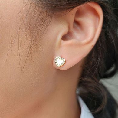 Adornia 14k Gold Plated Mother-Of-Pearl Mini Halo Cubic Zirconia Heart Stud Earrings