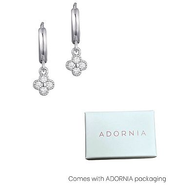 Adornia Silver Tone Extra Mini Cubic Zirconia Clover Dangle Huggie Earrings