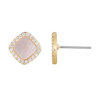 Adornia 14k Gold Plated Mother-Of-Pearl Cubic Zirconia Halo Cushion-Shaped Stud Earrings