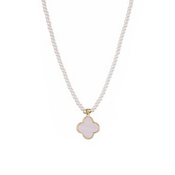 Adornia 14k Gold Plated Simulated Pearl Strand Clover Pendant Necklace