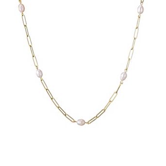 Adornia 14k Gold Plated Cultured Freshwater Pearl Station Paper Clip Chain Necklace