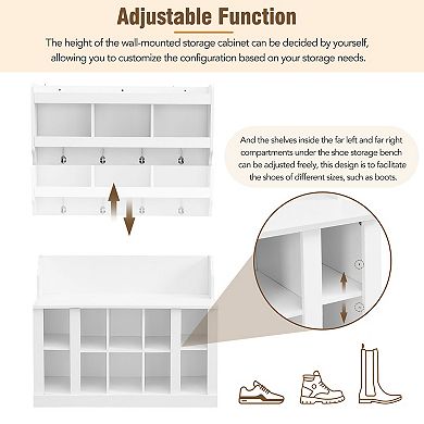 Merax Shoe Storage Bench with Shelves and 4 Hooks, Elegant Hall Tree with Wall Mounted Coat Rack
