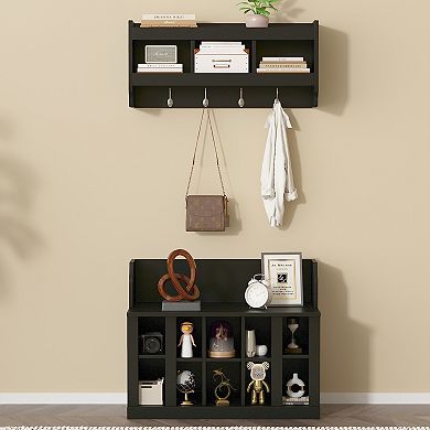 Merax Shoe Storage Bench with Shelves and 4 Hooks, Elegant Hall Tree with Wall Mounted Coat Rack