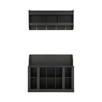 Merax Shoe Storage Bench with Shelves and 4 Hooks, Elegant Hall Tree with Wall Mounted Coat Rack