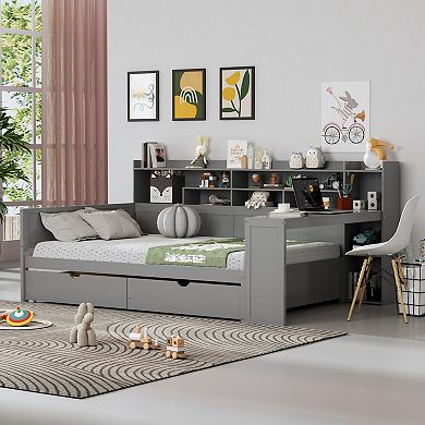 Merax Wooden Daybed with Storage Shelves, Multi-functional Bed with Two Storage Drawers