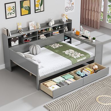 Merax Wooden Daybed with Storage Shelves, Multi-functional Bed with Two Storage Drawers