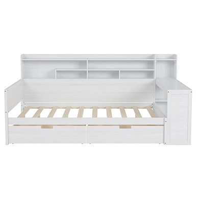Merax Wooden Daybed with Storage Shelves, Multi-functional Bed with Two Storage Drawers
