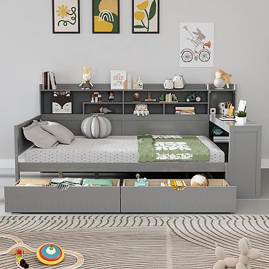 Merax Wooden Daybed with Storage Shelves, Multi-functional Bed with Two Storage Drawers