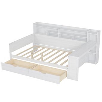 Merax Wooden Daybed with Storage Shelves, Multi-functional Bed with Two Storage Drawers