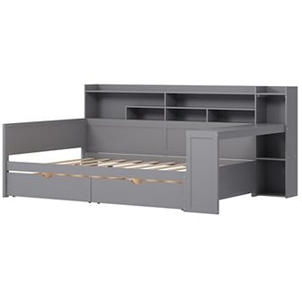 Merax Wooden Daybed with Storage Shelves, Multi-functional Bed with Two Storage Drawers