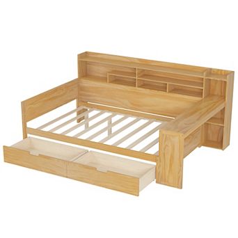 Merax Wooden Daybed with Storage Shelves, Multi-functional Bed with Two Storage Drawers