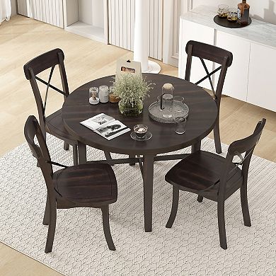Merax 5-piece Dining Set, Retro Simple Round Table and 4 Chairs with X-shaped Backrest for Kitchen