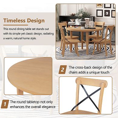 Merax 5-piece Dining Set, Retro Simple Round Table and 4 Chairs with X-shaped Backrest for Kitchen