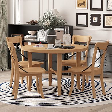 Merax 5-piece Dining Set, Retro Simple Round Table and 4 Chairs with X-shaped Backrest for Kitchen