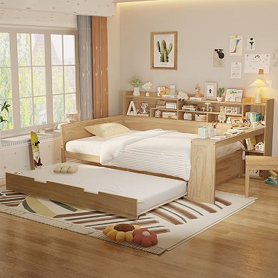 Merax Wooden Daybed with Storage Shelves, Multi-functional Bed with Twin Size Trundle Bed