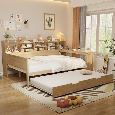 Merax Wooden Daybed with Storage Shelves, Multi-functional Bed with Twin Size Trundle Bed