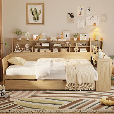 Merax Wooden Daybed with Storage Shelves, Multi-functional Bed with Twin Size Trundle Bed