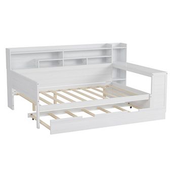 Merax Wooden Daybed with Storage Shelves, Multi-functional Bed with Twin Size Trundle Bed