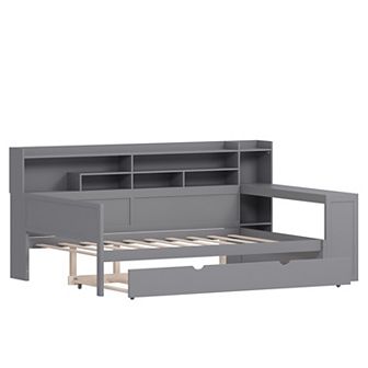Merax Wooden Daybed with Storage Shelves, Multi-functional Bed with Twin Size Trundle Bed