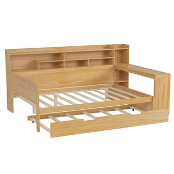 Merax Wooden Daybed with Storage Shelves, Multi-functional Bed with Twin Size Trundle Bed