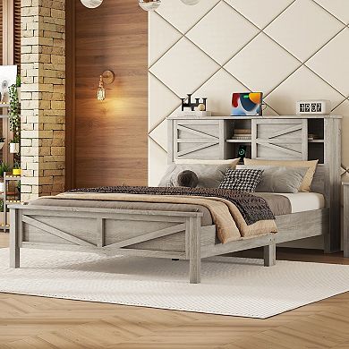 Merax Farmhouse Platform Bed with Double Sliding Barn Door, Rustic Wood Bed with Charging Station