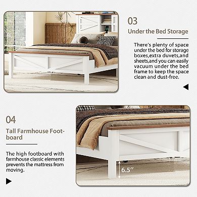 Merax Farmhouse Platform Bed with Double Sliding Barn Door, Rustic Wood Bed with Charging Station