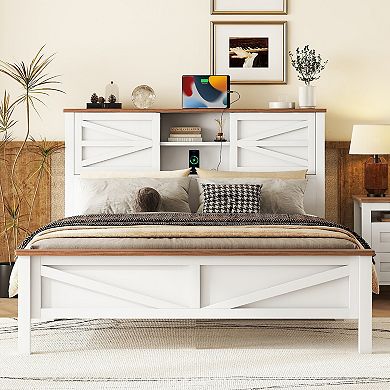 Merax Farmhouse Platform Bed with Double Sliding Barn Door, Rustic Wood Bed with Charging Station