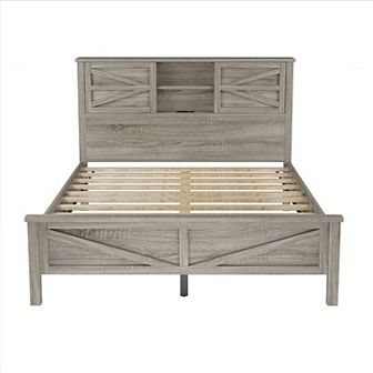 Merax Farmhouse Platform Bed with Double Sliding Barn Door, Rustic Wood Bed with Charging Station