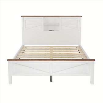 Merax Farmhouse Platform Bed with Double Sliding Barn Door, Rustic Wood Bed with Charging Station