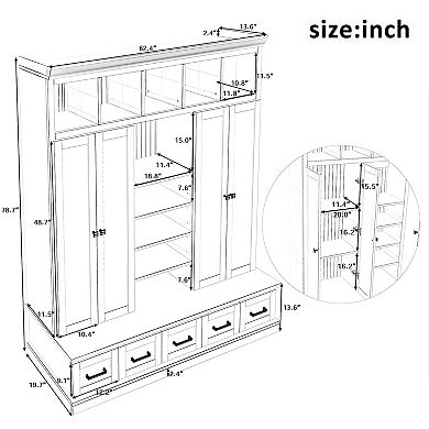 Merax 78.7''H Hall Tree with Bench and 5 Storage Cubbies, Modern Entryway Storage Organizer Cabinet