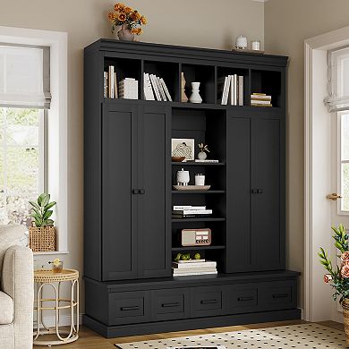 Merax 78.7''H Hall Tree with Bench and 5 Storage Cubbies, Modern Entryway Storage Organizer Cabinet
