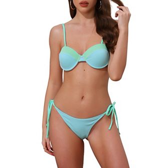 Women's Contrast Color Ribbed Bikini Sets, 2 pc Spaghetti Straps Top Triangle Bottom Swimwear