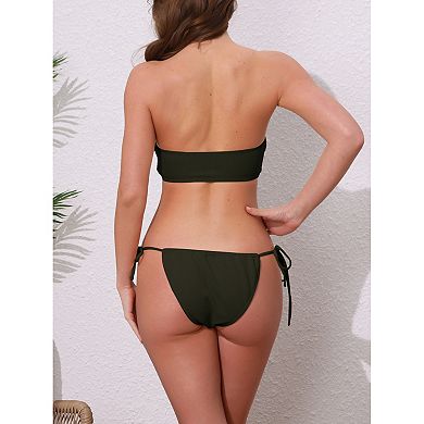 Women's O Ring Ruched Bandeau Bikini Sets, 2Pcs Tie Front Top Triangle Bottom Swimwear Bathing Suits