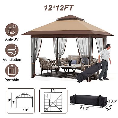 12x12 Pop up Gazebo with Mosquito Netting, Metal Frame Canopy with Double Roof