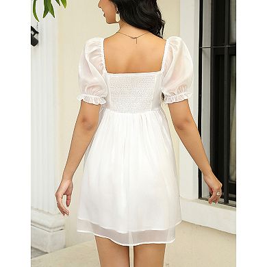 Womens Short Sleeve Square Neck Casual Babydoll Mesh Mini Dress