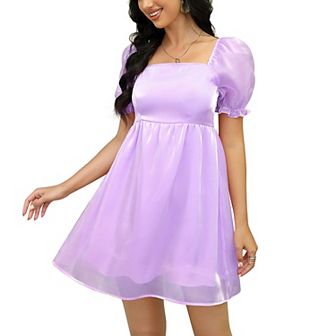Womens Short Sleeve Square Neck Casual Babydoll Mesh Mini Dress