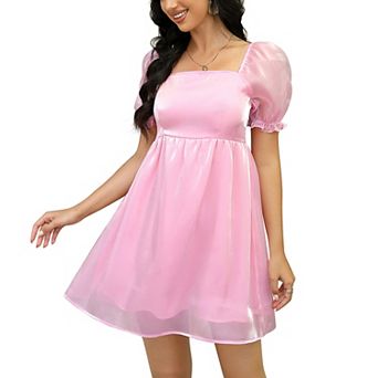Womens Short Sleeve Square Neck Casual Babydoll Mesh Mini Dress