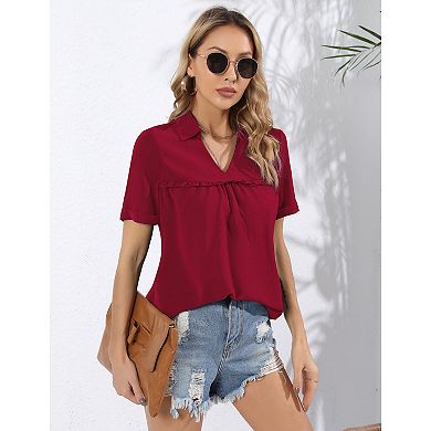 Women's Long Sleeve Tops Dressy V Neck Pleated Button Tunic Tops Blouses Casual Loose Shirts