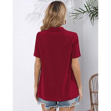 Women's Long Sleeve Tops Dressy V Neck Pleated Button Tunic Tops Blouses Casual Loose Shirts