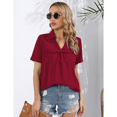Women's Long Sleeve Tops Dressy V Neck Pleated Button Tunic Tops Blouses Casual Loose Shirts