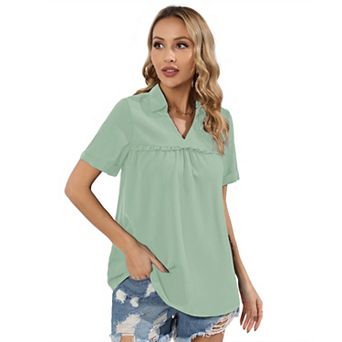 Women's Long Sleeve Tops Dressy V Neck Pleated Button Tunic Tops Blouses Casual Loose Shirts