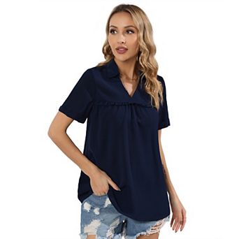 Women's Long Sleeve Tops Dressy V Neck Pleated Button Tunic Tops Blouses Casual Loose Shirts