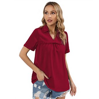 Women's Long Sleeve Tops Dressy V Neck Pleated Button Tunic Tops Blouses Casual Loose Shirts