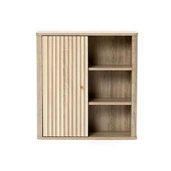 LuxenHome Natural Finish Wave-Patterned Manufactured Wood 1-Door Bathroom Wall Cabinet