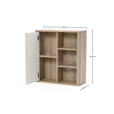 LuxenHome Natural Finish Wave-Patterned Manufactured Wood 1-Door Bathroom Wall Cabinet