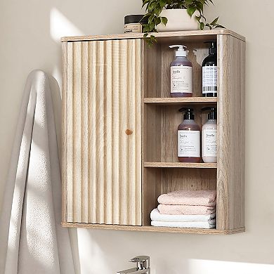 LuxenHome Natural Finish Wave-Patterned Manufactured Wood 1-Door Bathroom Wall Cabinet