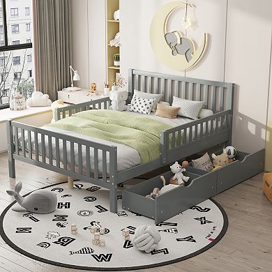 Merax Wood Platform Bed with Guardrails on Both Sides and Two Storage Drawers