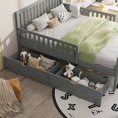 Merax Wood Platform Bed with Guardrails on Both Sides and Two Storage Drawers